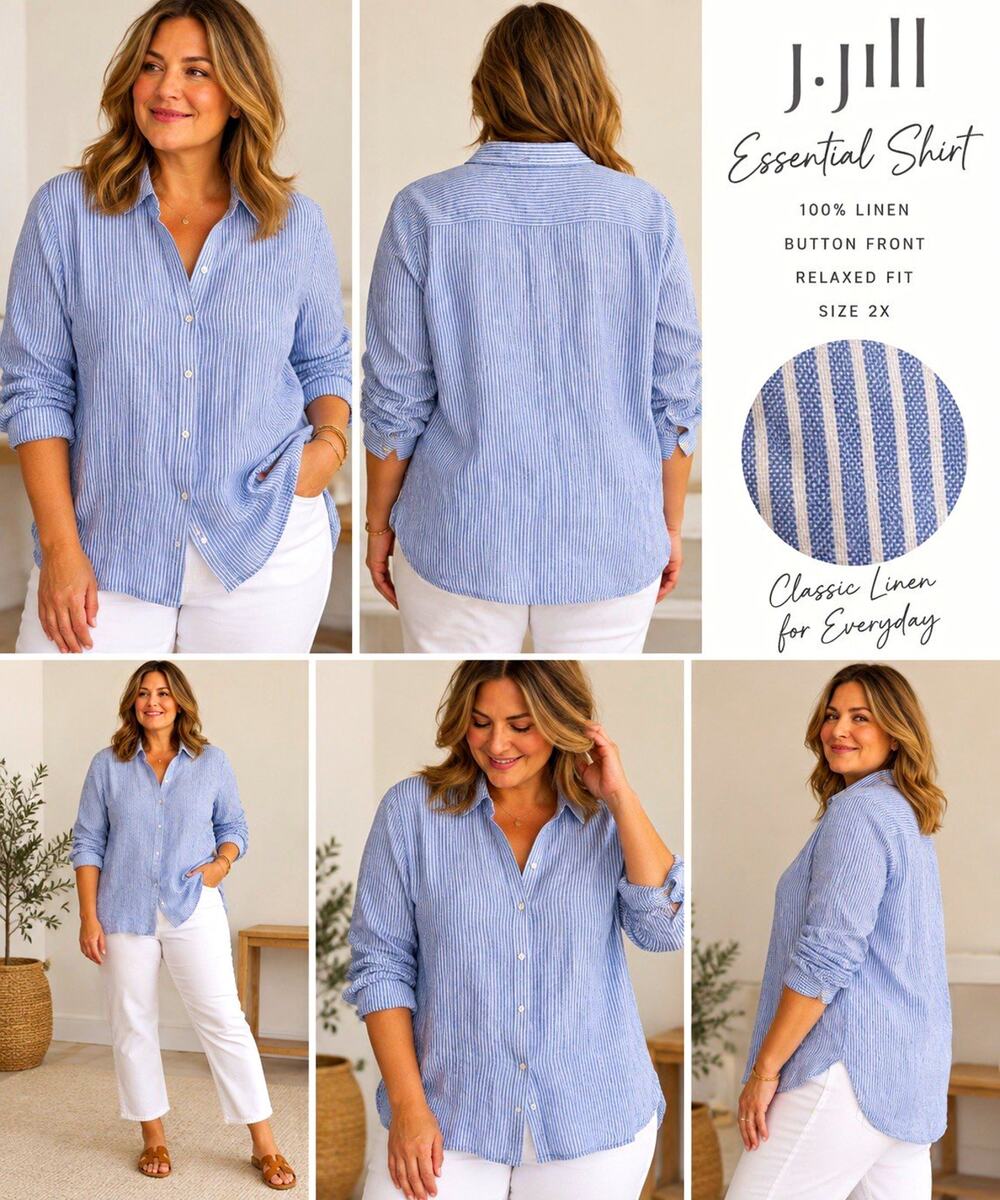 J. Jill Blue White Striped Linen Collared Button-Up Relaxed Long Sleeve 2X